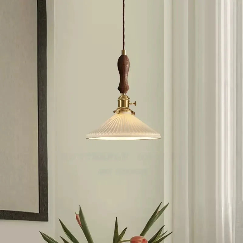Afralia™ Ceramic LED Pendant Lamp with Wood Handle for Bedroom, Living Room, Dining - Vintage Japanese Style