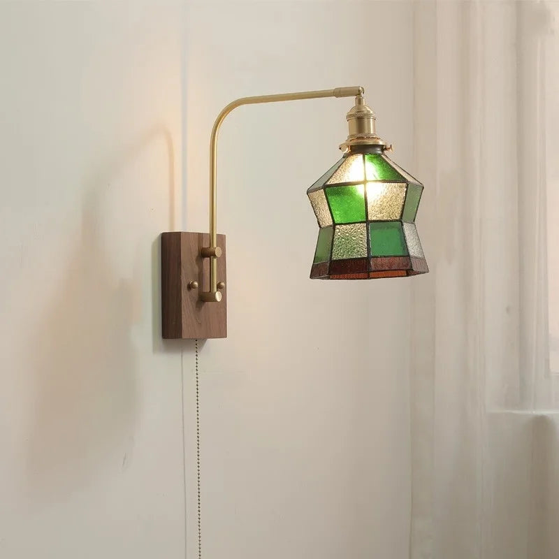 Afralia™ Glass Walnut LED Wall Lamp with Pull Chain Switch - Modern Home Decor