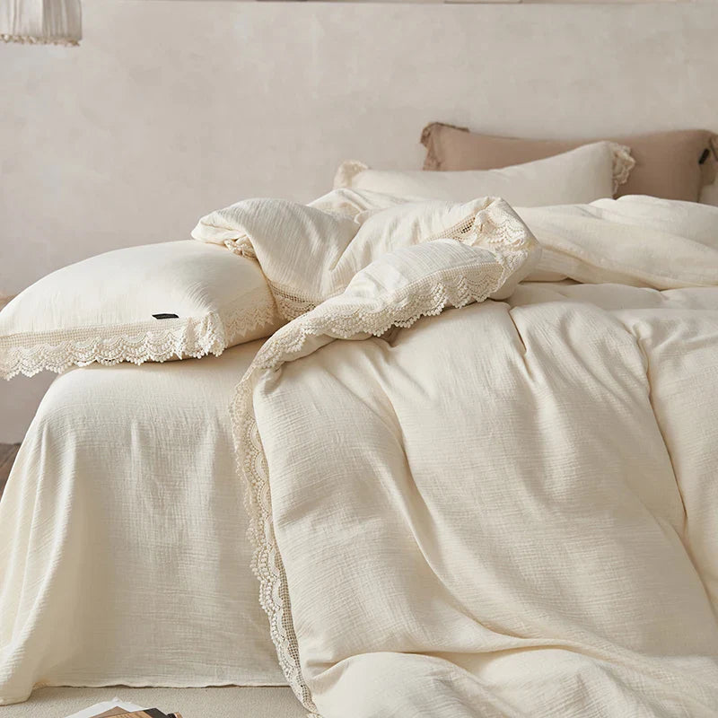 Afralia™ Vintage Lace Edge Cotton Bedding Set: Duvet, Sheets, Pillowcases