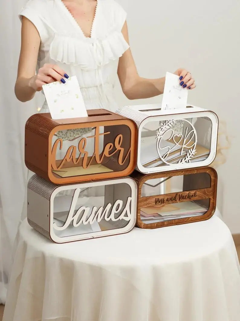 Rustic Wooden Wedding Card Box by Afralia™ - Personalized Envelope Keepsake & Money Holder