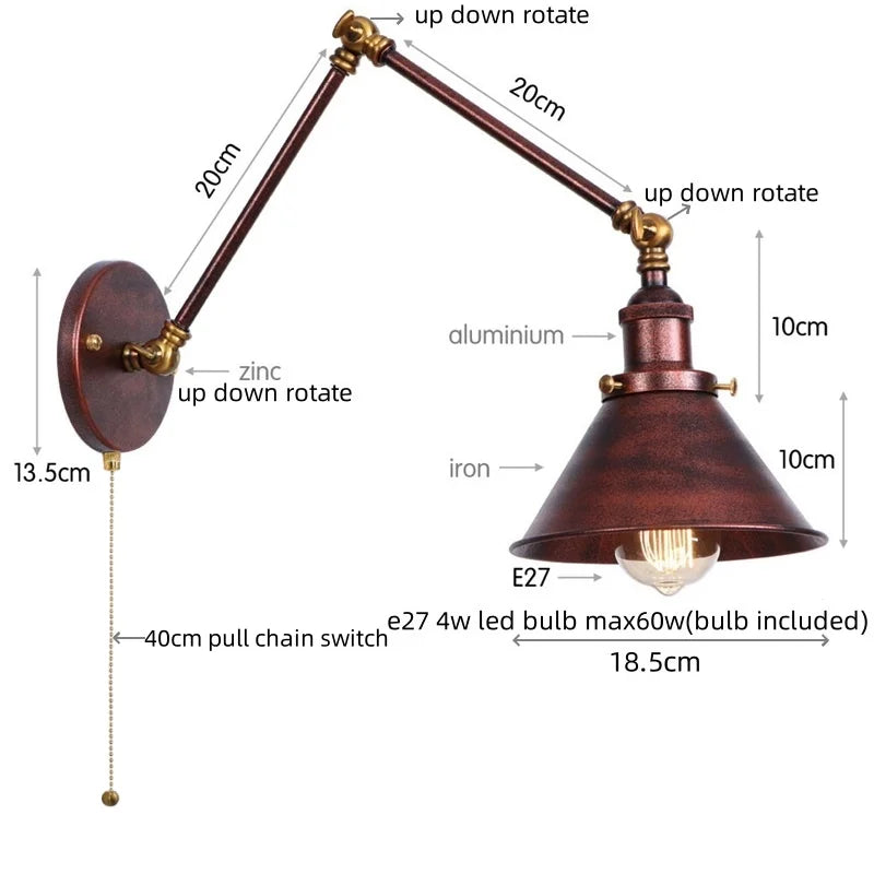 Afralia™ Iron LED Wall Lamp Pull Chain Switch Industrial Vintage Loft Stair Light
