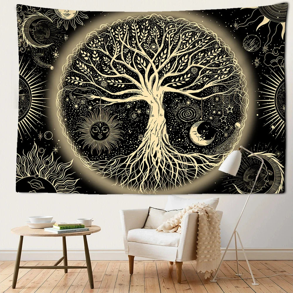 Yellow Sun Moon Life Tree Tapestry Wall Hanging Afralia™ Abstract Bohemian Aesthetics Home Decor