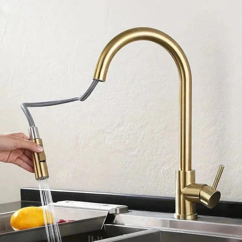 Afralia™ Brushed Gold Pull Out Kitchen Faucet Luxury Black Sink Tap Kitchen Mixer