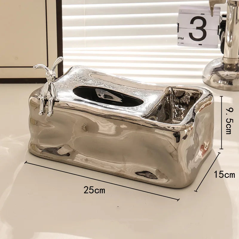 Afralia™ Silver Ceramic Tissue Box & Rabbit Napkin Holder - Home Desktop Storage