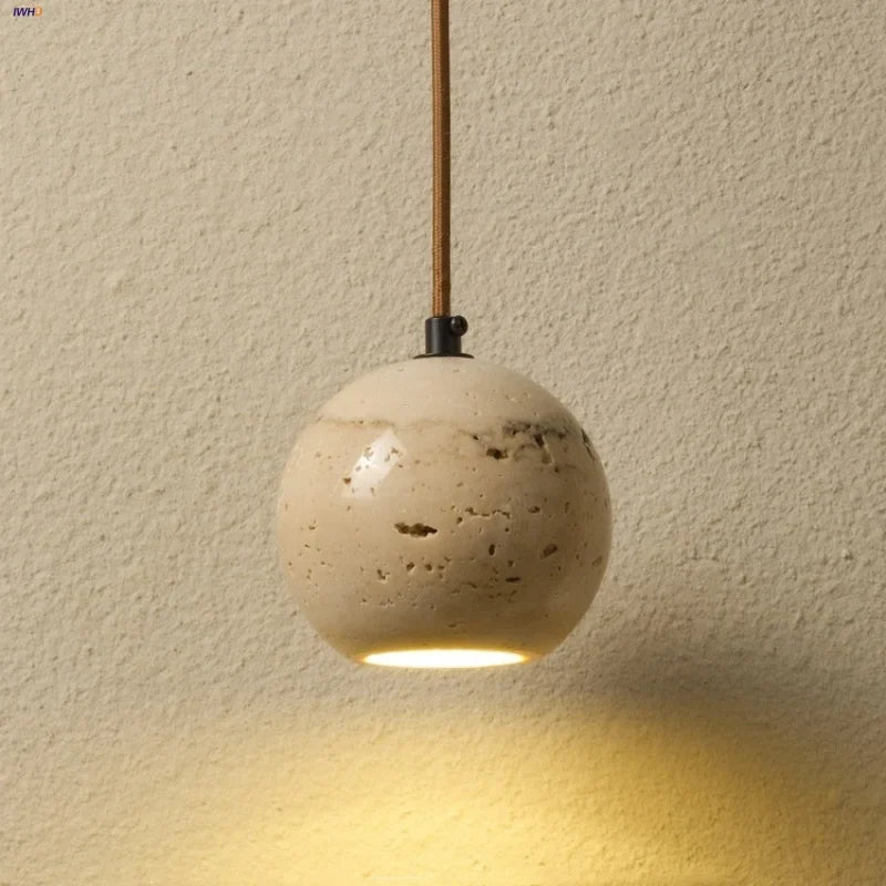 Afralia™ Yellow Travertine Wood Canopy Pendant Lights - Japanese Style Adjustable Globe LED Hang Lamp