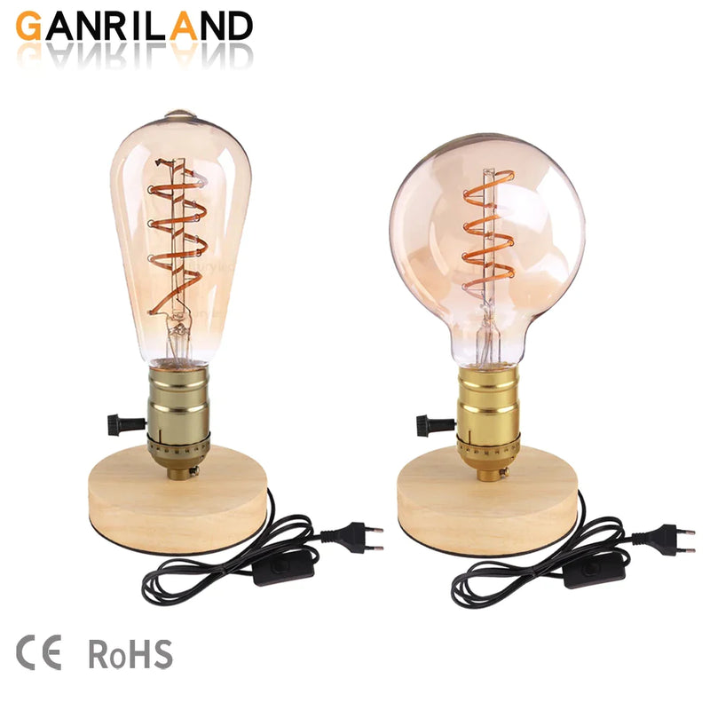 Afralia™ Wood Table Lamp Set with Filament Bulbs & EU Plug - Desk Bedside Décor