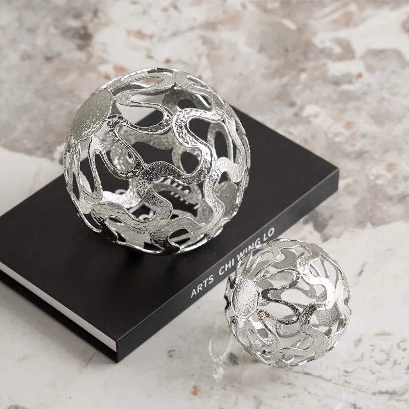Afralia™ Silver Ball Metal Figurine, Geometric Sphere with Embossed Flower Design
