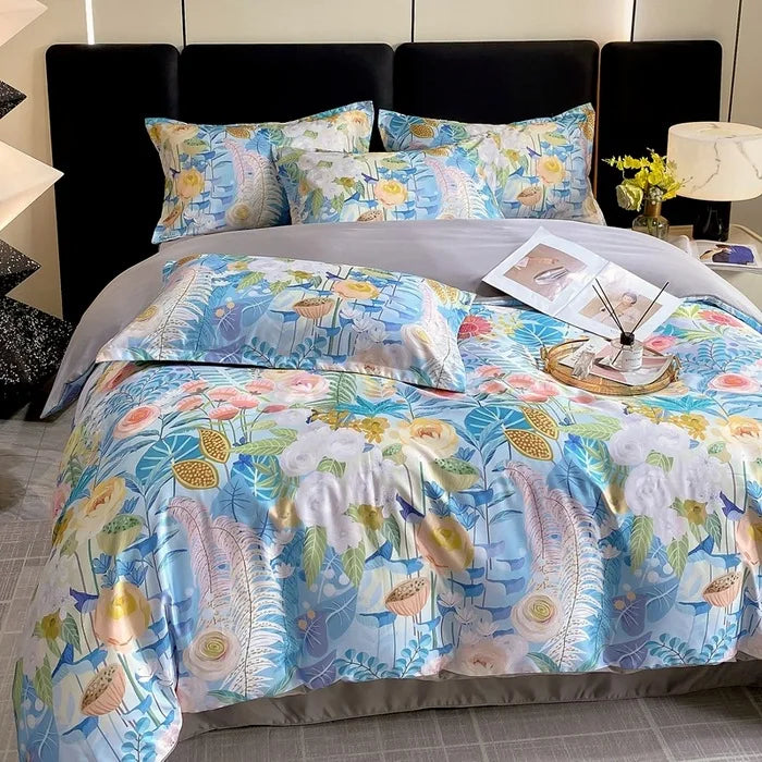 Afralia™ Summer Ice Silk Printed Bedding Set with Lace - Cooling Quilt, Duvet Cover, Pillowcases & Bed Sheet