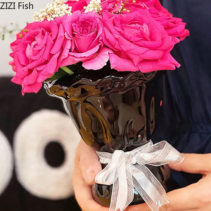 Afralia™ Ceramic Vase with Artificial Flowers Bouquet for Desk and Room Decoration