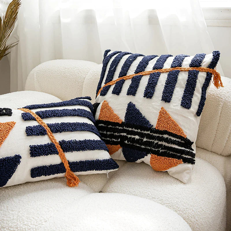 Afralia™ Boho Tufted Pillow Cover Navy Burnt Orange 45x45cm Square for Home Decoration