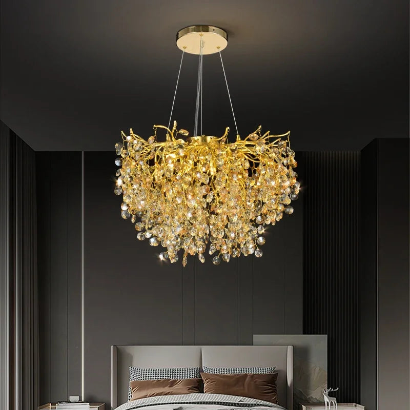 Afralia™ Golden Dendrite Crystal LED Ceiling Chandelier - Luxe Living Room Lighting