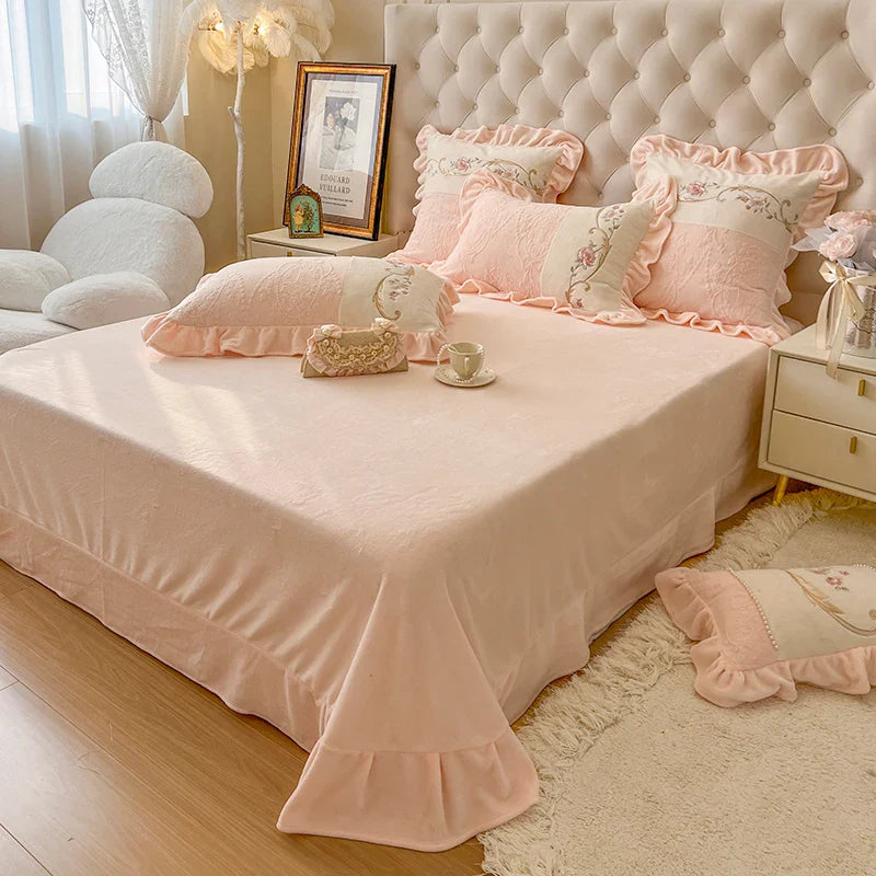Afralia™ Vintage French Velvet Lace Embroidery Bedding Set with Ruffles Flowers