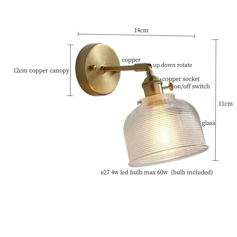 Afralia™ Clear Brass Glass LED Wall Lamp Pull Chain for Living Room Bedroom Loft