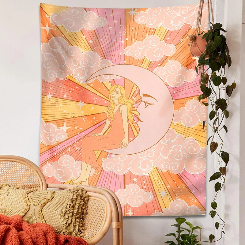 Celestial Moon Goddess Sun Tapestry for Retro Psychedelic Home Decor by Afralia™