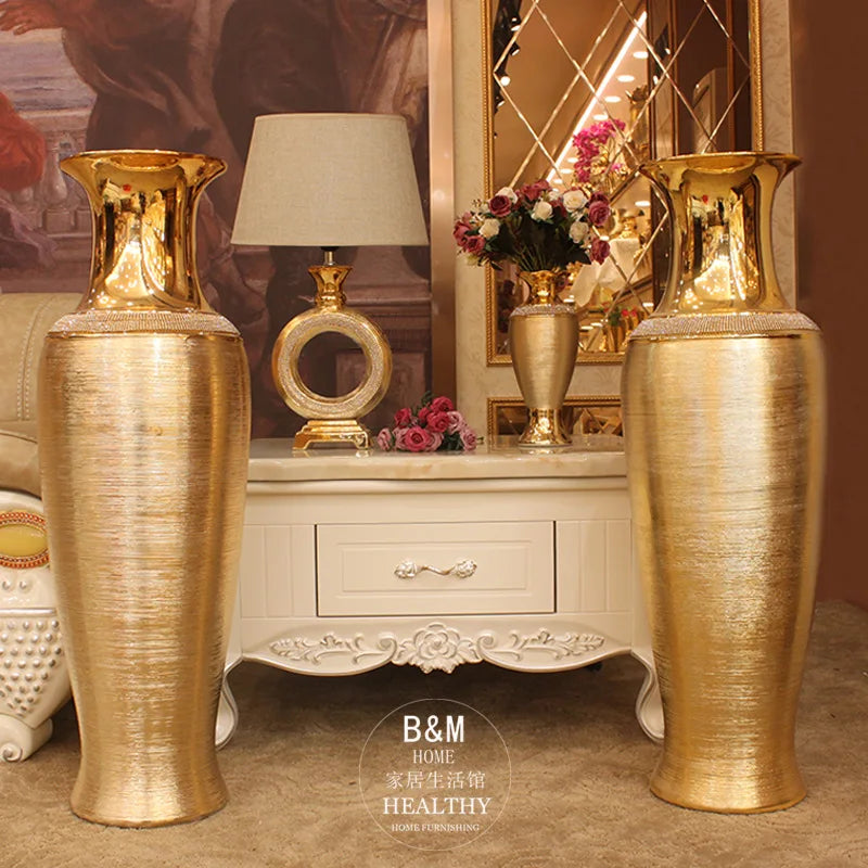 Afralia™ European Luxury Ceramic Floor Vase in Golden & Silver for Elegant Home Decor