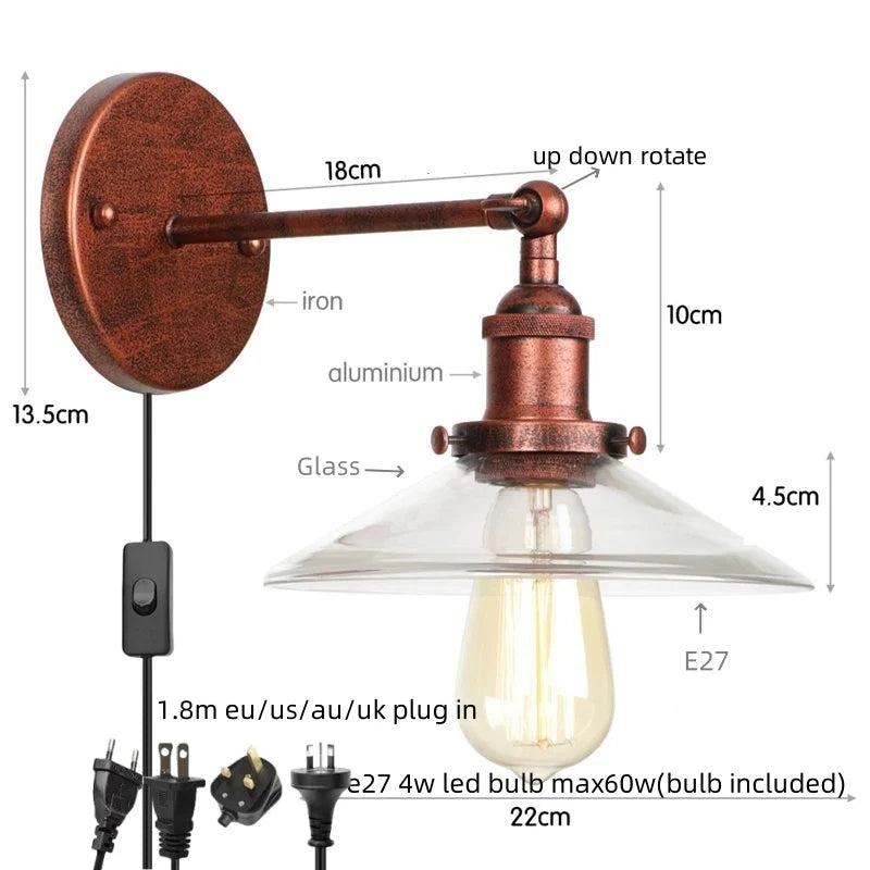 Afralia™ Vintage Industrial LED Wall Lamp with Clear Glass Shade