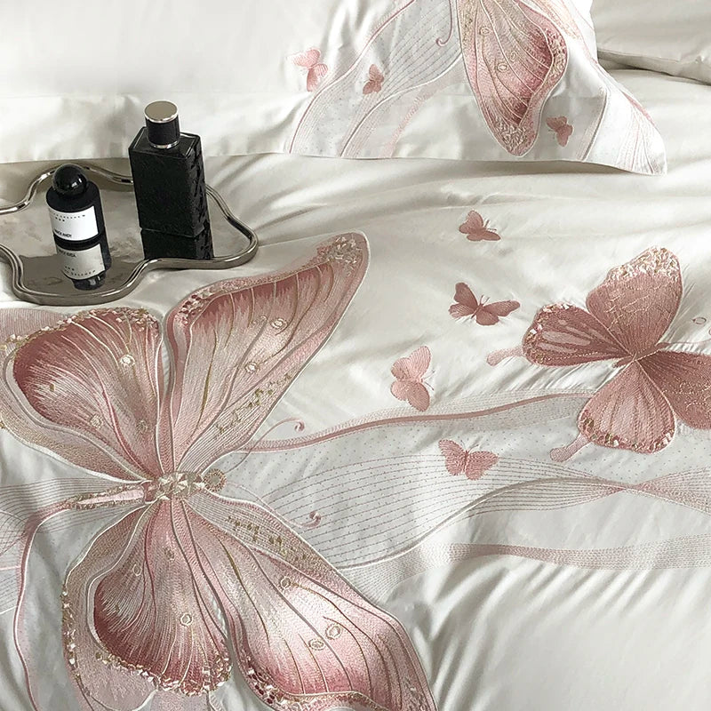 Afralia™ White Luxury Butterfly Embroidery Bedding Set - Queen King Size