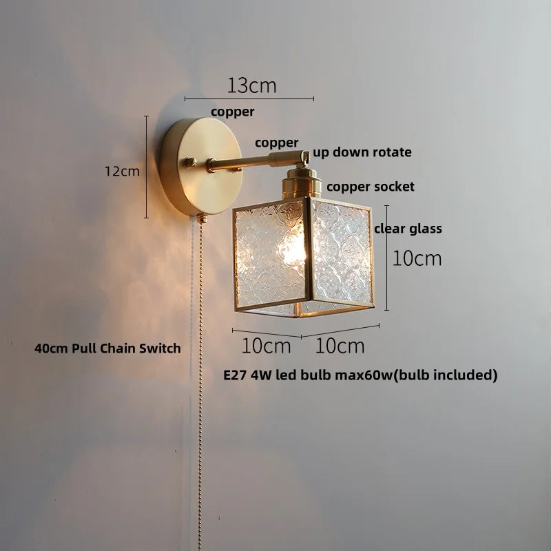 Afralia™ Glass LED Wall Light with Pull Chain Switch, Rotating Japanese Style Bedside Lamp