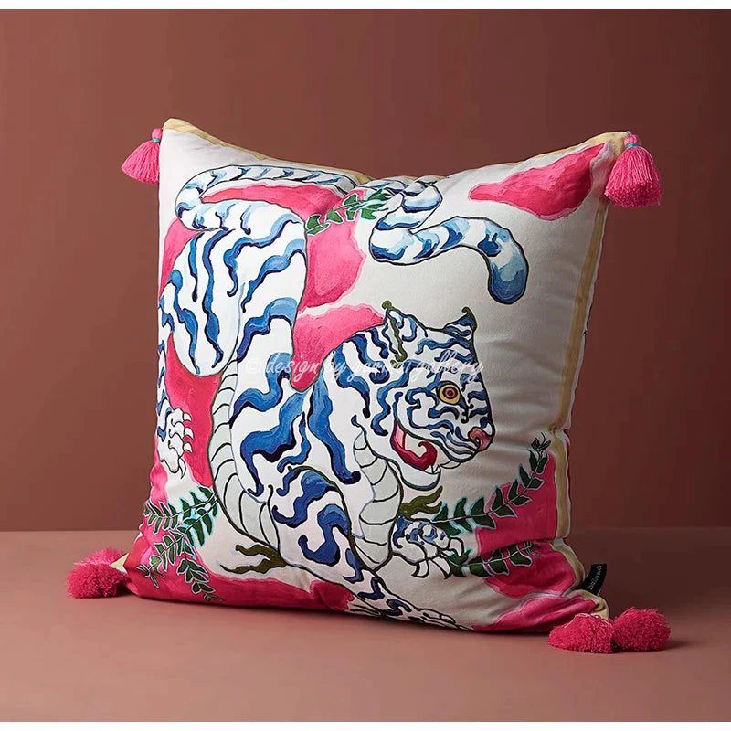 Afralia™ Tibet Tiger Velvet Pillow Cover with Tassels - Exotic Home Decor