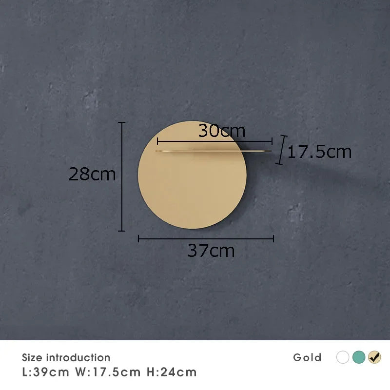 Afralia™ Gold Metal Round Wall Storage Shelf with Hooks