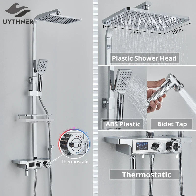 Afralia™ Thermostatic Shower Faucet with LED Display and Rainfall Head - Bathroom Mixer Set