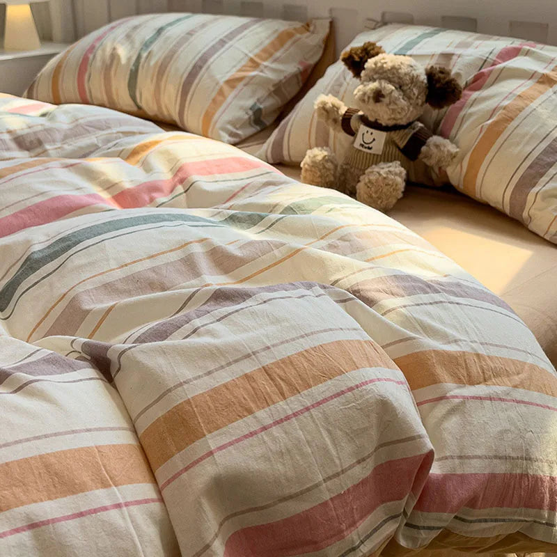 Afralia™ Minimalist Striped Grid Comforter Set in Washed Cotton, Soft Bedding Twin-Queen Size