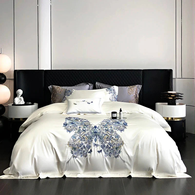 Afralia™ Butterfly Flowers Embroidery Luxury Bedding Set 4Pcs
