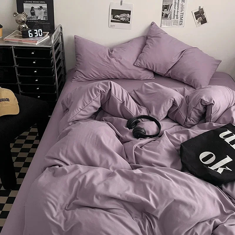 Afralia™ Washed Cotton Bed Set - Soft & Breathable 4-Piece Solid Color Duvet Cover Bed Sheet