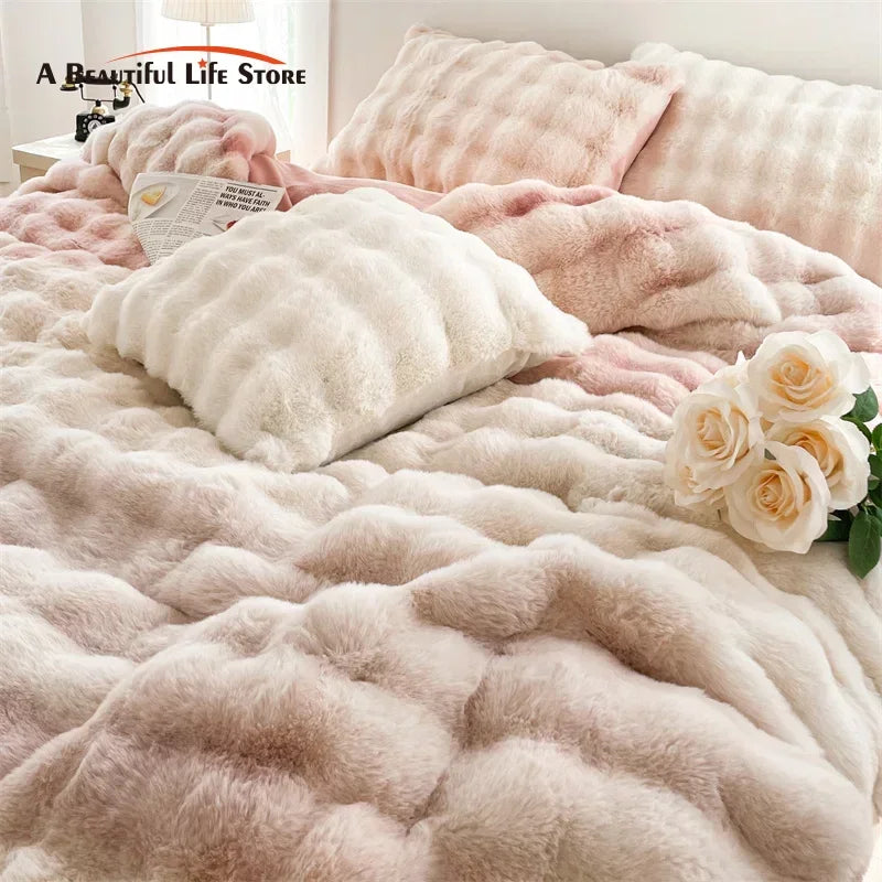 Afralia™ Velvet Fleece Princess Bedding Set in Pink Purple Grey Gradient, Luxury Duvet Cover & Faux Rabbit Fur
