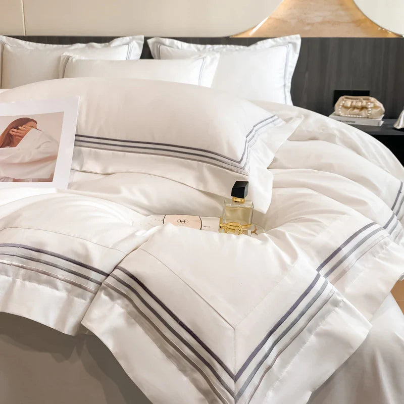 Afralia™ Luxury Hotel Bedding Set | Cotton | Queen King Size | Embroidered Solid Color