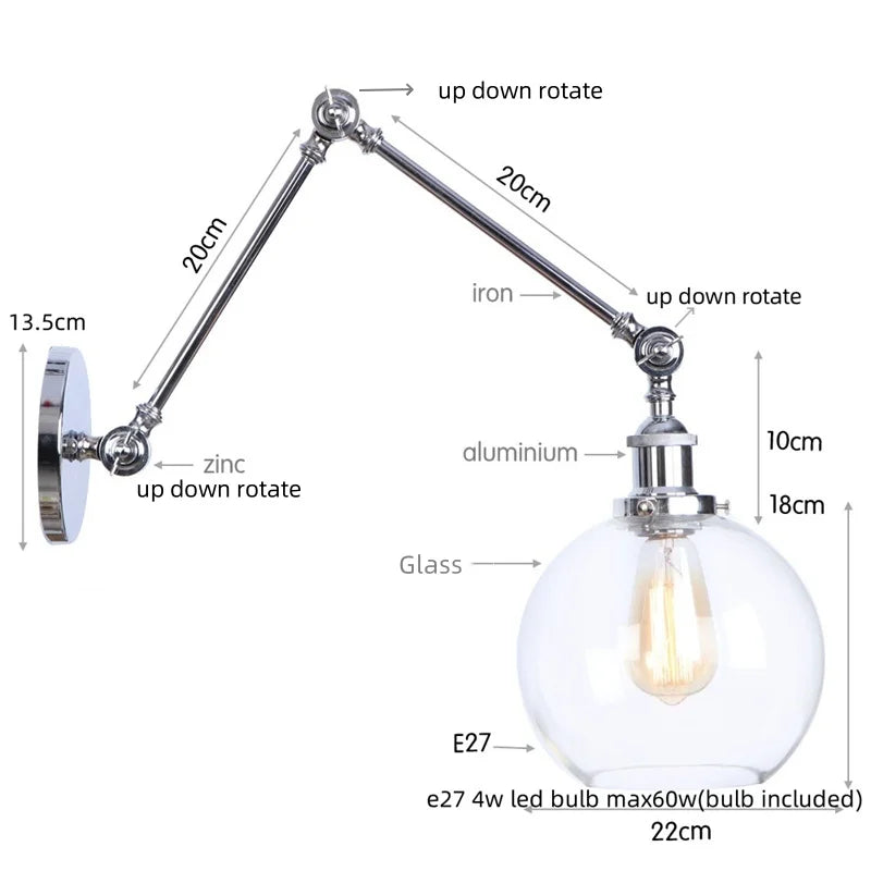 Afralia™ Chrome Industrial LED Wall Sconce Swing Arm Clear Glass Lamp