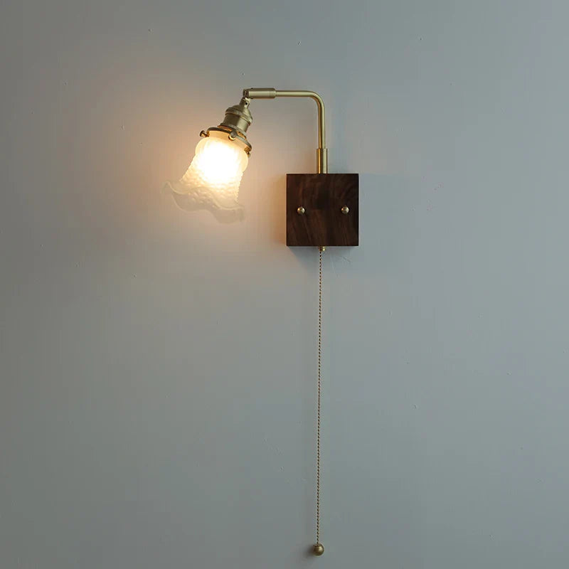 Afralia™ Brass Walnut Wood LED Wall Sconce with Pull Chain Switch & Flower Glass