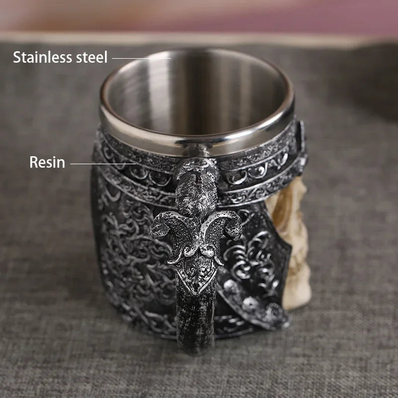 Gothic Skull Resin Stainless Steel Beer Mug by Afralia™ - Dragon Knight Tankard for Halloween and Christmas