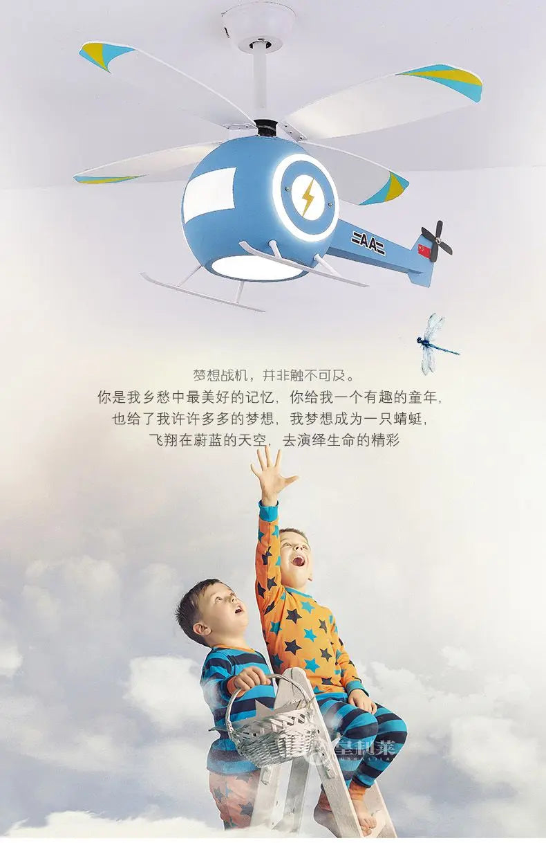 Afralia™ Aircraft LED Ceiling Fan Light Remote Dimming Chandelier for Kids Bedroom