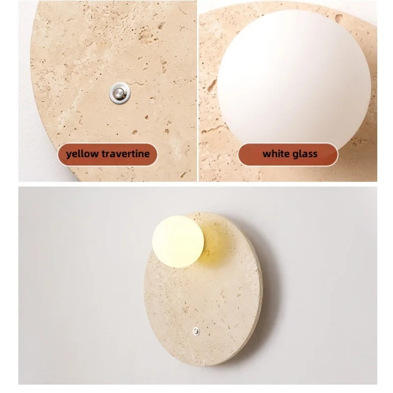 Afralia™ White Glass LED Wall Lights Yellow Travertine Stone Modern Disc Switch Bedside Lamp