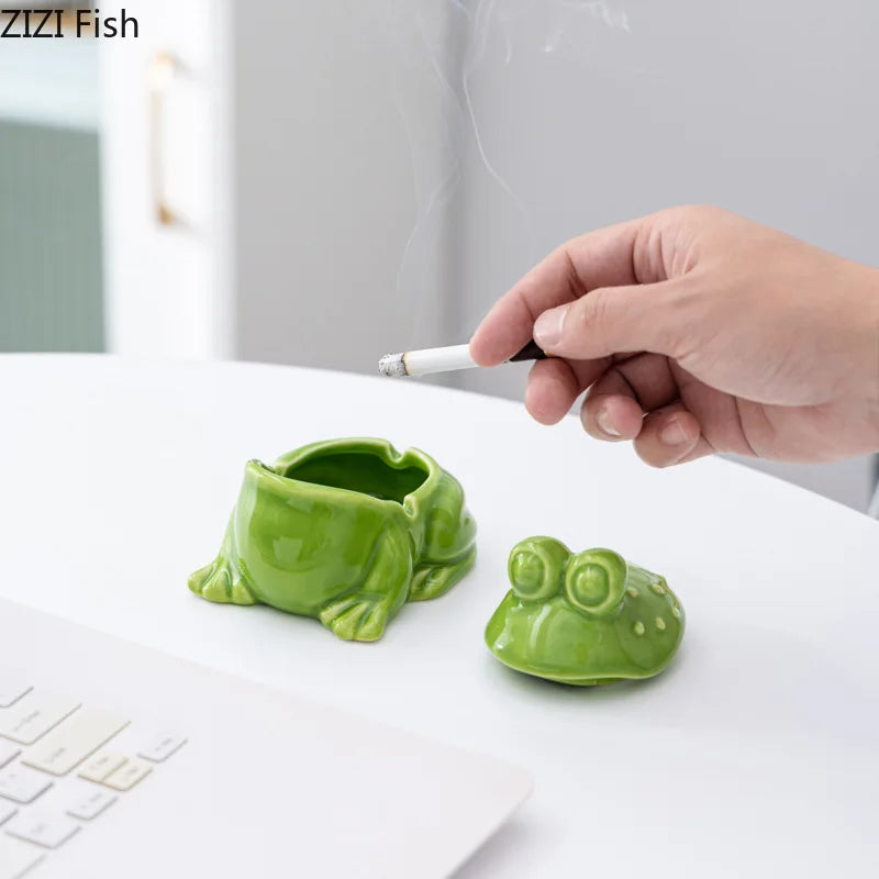 Afralia™ Ceramic Green Frog Ashtray: Cute Desktop Smoking Accessories for Weed Ash, Gift_PAUSE_