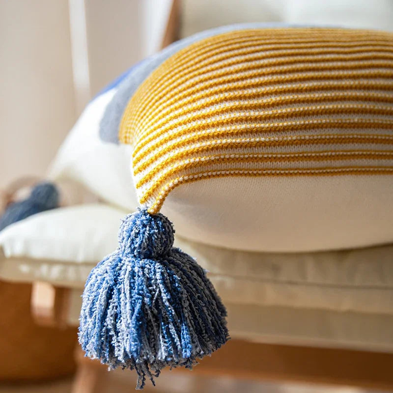 Afralia™ Knit Stripe Pillow Cover Blue Pink Tassles 45x45cm Soft Living Room Bedroom