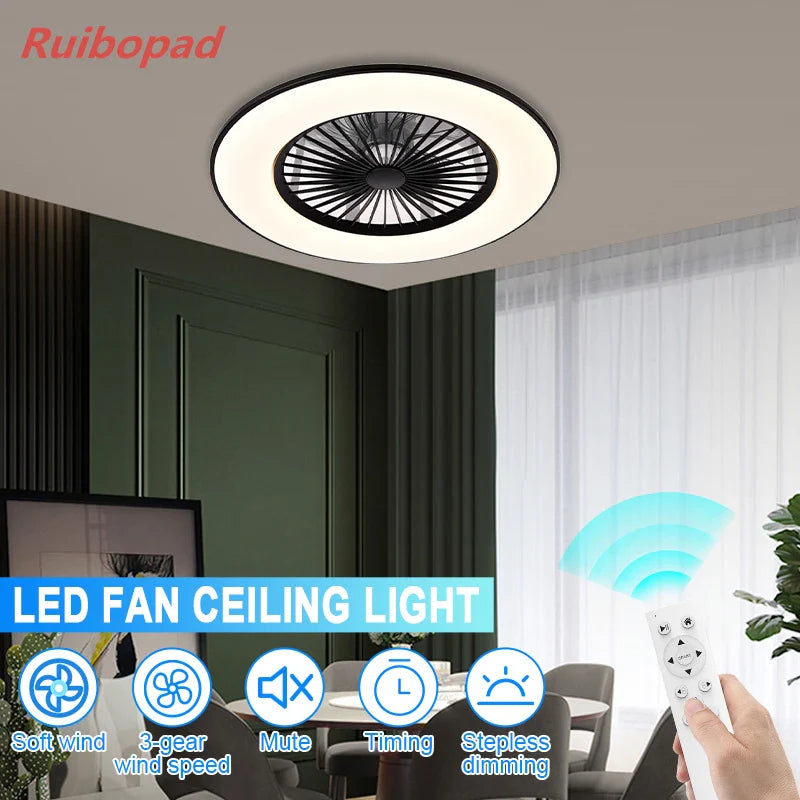 Afralia™ Modern Black 56cm Round Ceiling Fan with LED Light and Remote Control