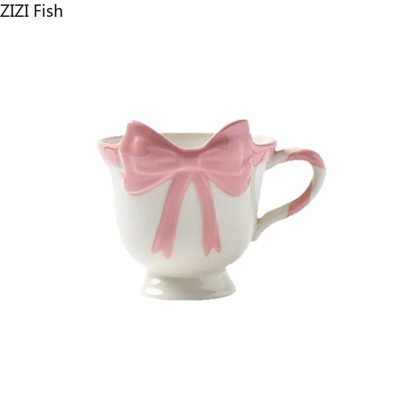 Afralia™ Pink Bowknot Ceramic Tea Coffee Mug - Lovely Table Cup Juice Container