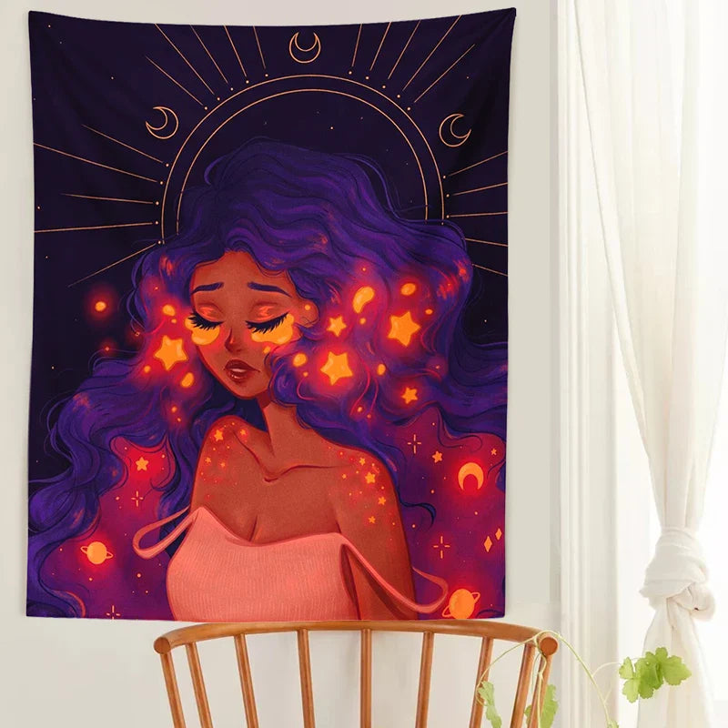 Afralia™ Moonlit Girl Tapestry: Luminous Sky Boho Wall Decor