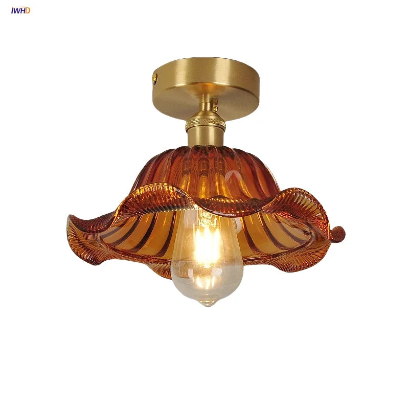 Afralia™ Vintage Amber Lotus Glass Copper Ceiling Lights for Living Room Aisle Corridor