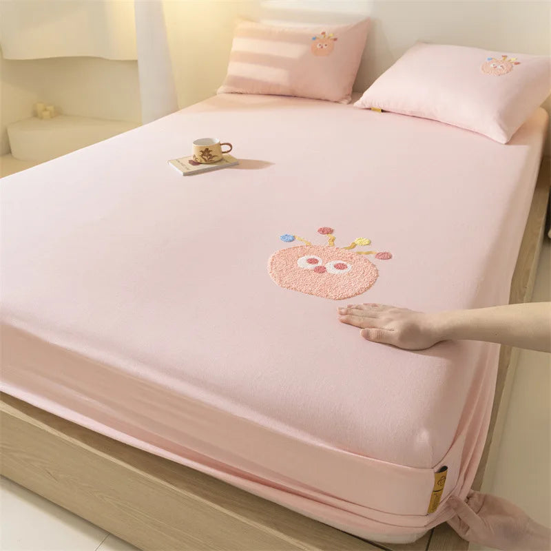 Afralia™ Cartoon Embroidered Fitted Sheet Single Bed Cover, 100% Cotton, All Seasons, Anti-Slip