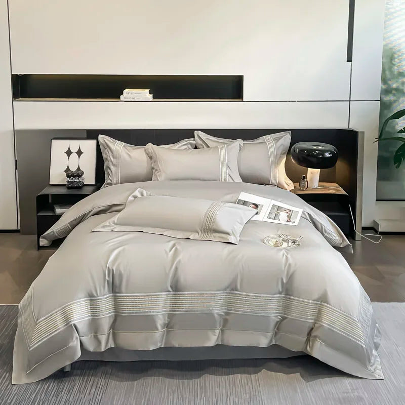 Afralia™ 100s Egyptian Cotton Embroidery King Queen Bedding Set with Duvet Cover