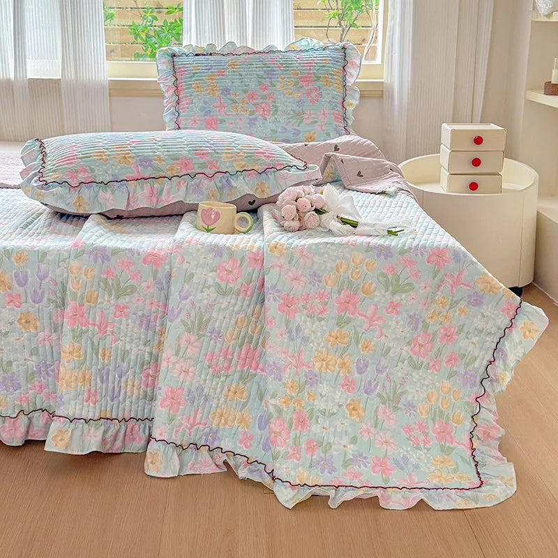 Afralia™ Princess Quilted Bed Cover: Korean Washed Cotton, Single, Lace Detail, Skin-Friendly Fabrics