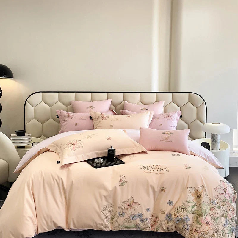 Afralia™ Flowers Embroidery 100% Egyptian Cotton Bedding Set, White/Pink