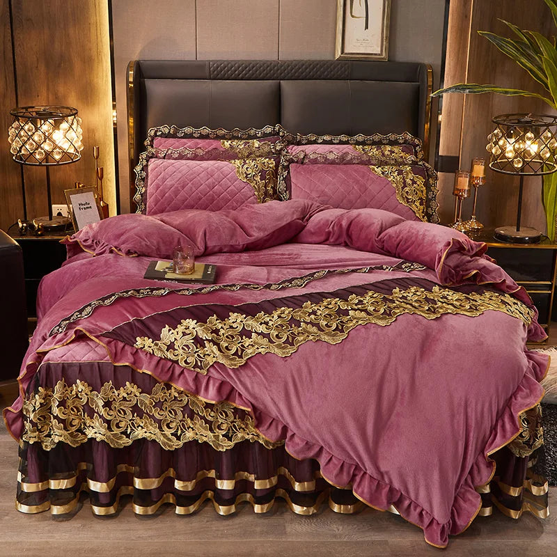 Afralia™ Black Gold Lace Duvet Set, Luxury Crystal Velvet, Quilted Embroidery, Ruffle Bedding