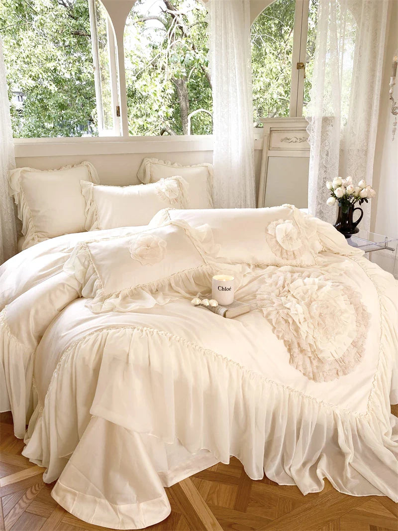 Afralia™ Luxury Wedding Embroidered Bedding Set with Handmade Flowers and Lace Edge