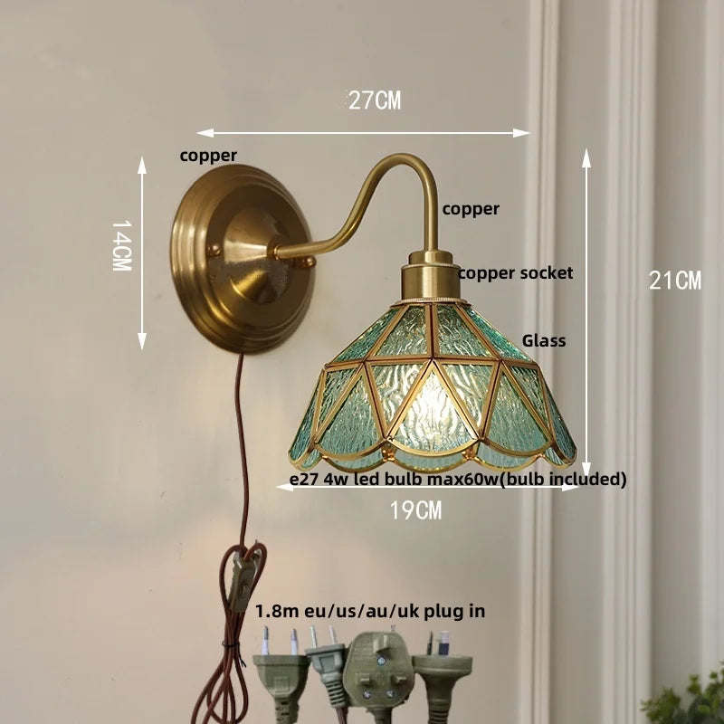 Afralia™ Vintage Green Glass LED Wall Sconce with Copper Knob Switch