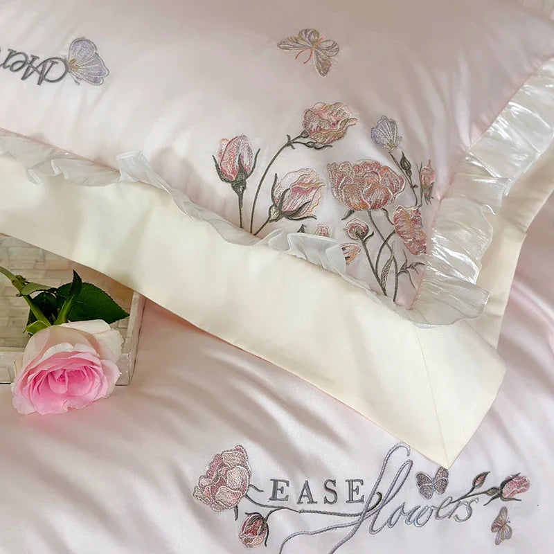 Afralia™ Pink Butterfly Flowers Embroidered Lace Bedding Set - 1000TC Egyptian Cotton