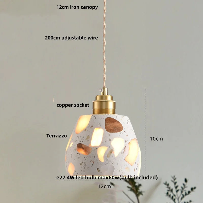 Afralia™ Pink Terrazzo LED Pendant Lamp Wabi Sabi Nordic Modern Copper Hang Light